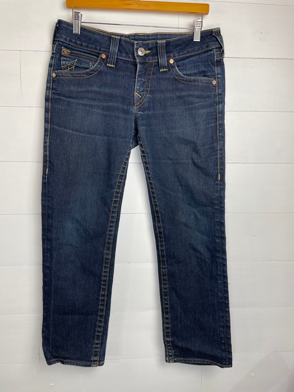 True Religion Women's Low Rise Straight Leg Jeans Size 30 Dark Wash Made in USA